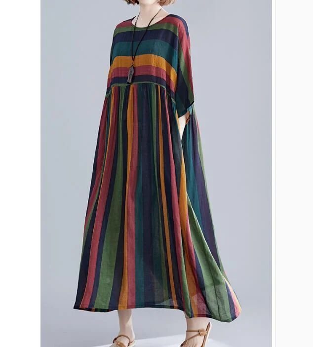 loose Striped Long cotton Batwing Women Spring Dresses Off-shoulder maxi dresses
