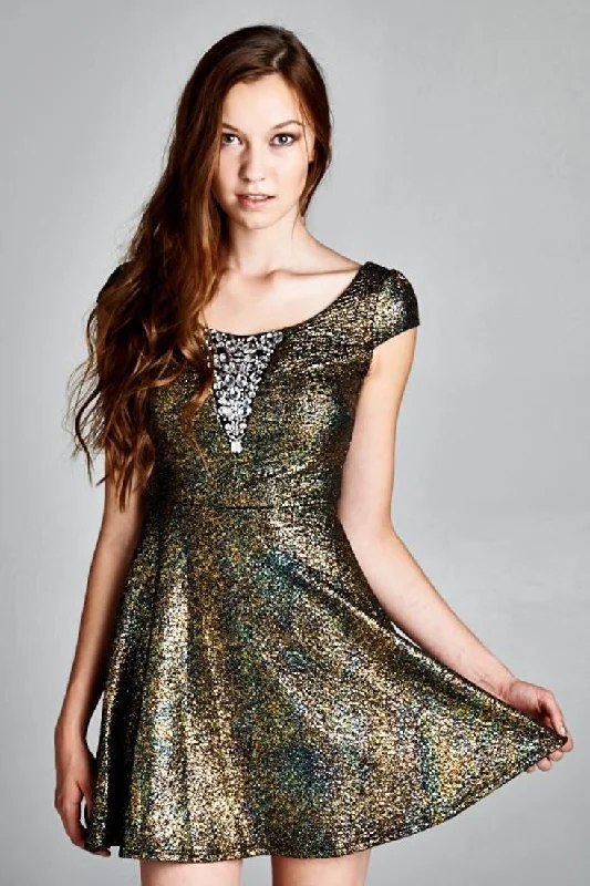 Glitter Party Skater Dress Rhinestone Neckline Gold Outdoor party dresses